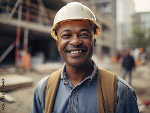 Smiling builder in hard hat at a construction site. 