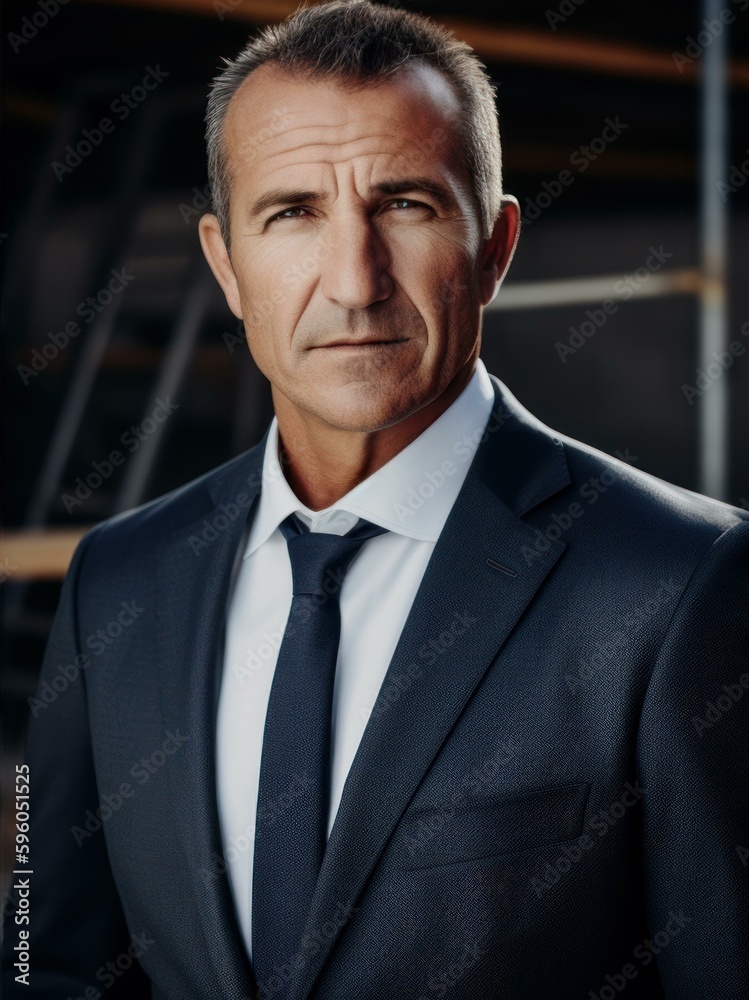 Portrait of a confident mature businessman in a suit standing in an industrial building. Portrait of a confident mature businessman in a suit standing in an industrial building.