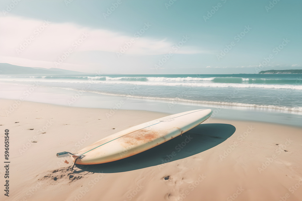 Surfboard on long sandy deserted ocean beach