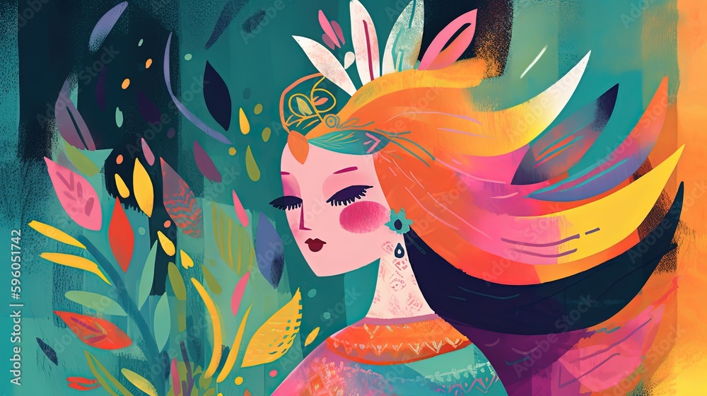 cute fairytale children book style illustration character art, cute fairytale tribal princess in forest, Generative Ai