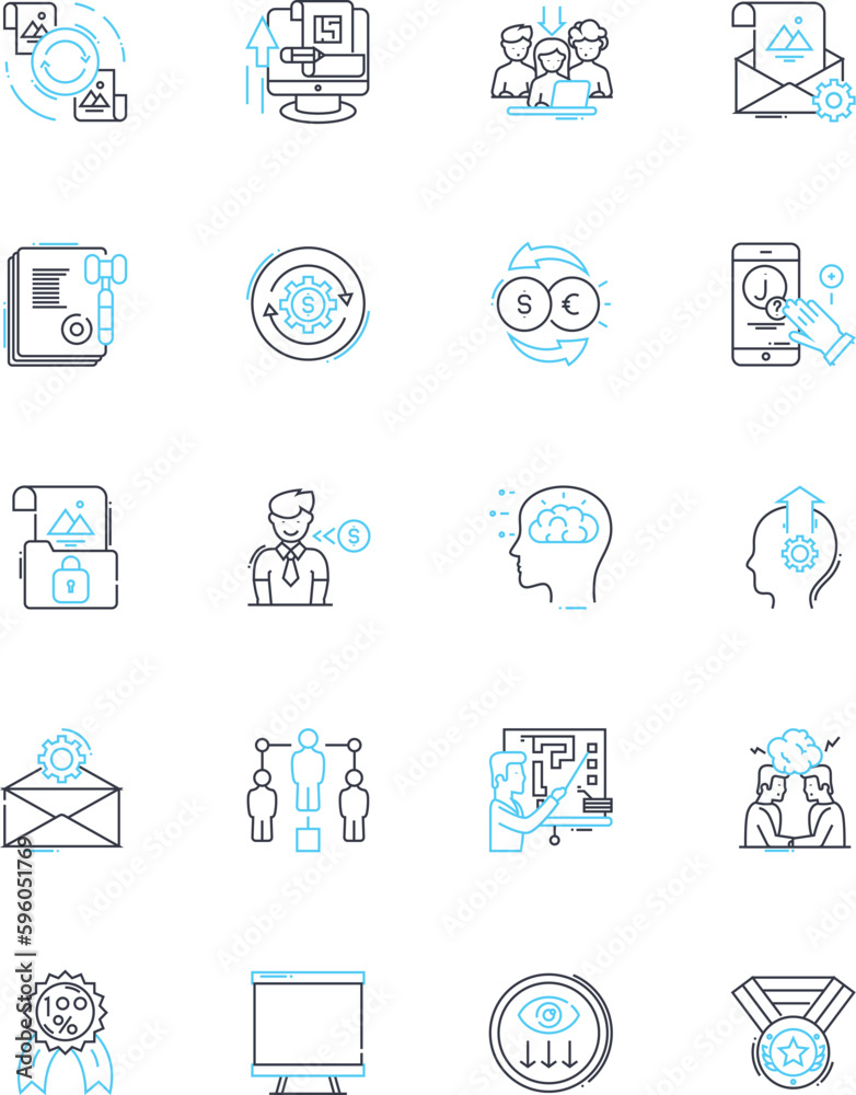 Company values linear icons set. Integrity, Ethics, Trust, Respect, Accountability, Transparency, Empathy line vector and concept signs. Collaboration,Innovation,Adaptability outline illustrations