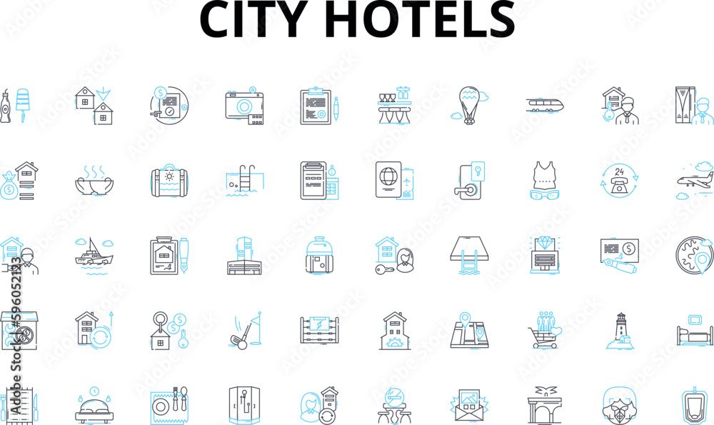 City hotels linear icons set. Luxury, Central, Boutique, Urban, Business, Cosmopolitan, Contemporary vector symbols and line concept signs. Stylish,Modern,Iconic illustration City hotels linear icons set. Luxury, Central, Boutique, Urban, Business, Cosmopolitan, Contemporary vector symbols and line concept signs. Stylish,Modern,Iconic illustration