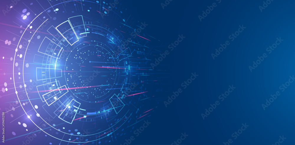 Obraz premium Digital internet communication on blue background. Wide Cyber security internet and networking concept. Hi-tech vector illustration with various technology elements. Abstract global sci fi concept.