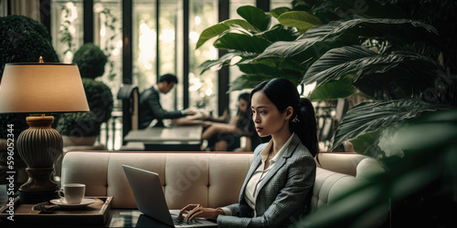 Business person using laptop computer in luxury hotel lobby candid view. superlative generative AI image.