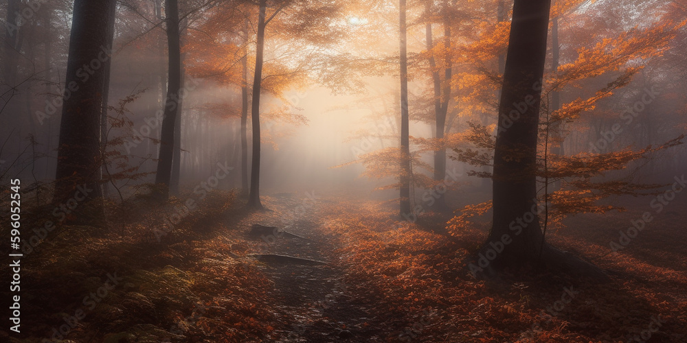 Obraz premium Mystischer Wald mit Sonnen Gegenlicht, ai, generativ