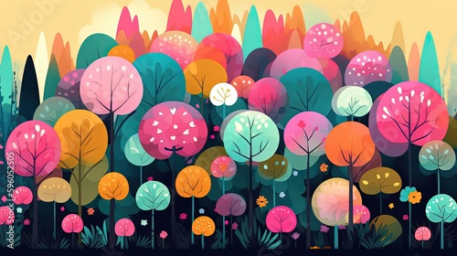 cute fairytale children book style illustration landscape art, colorful jungle view, Generative Ai