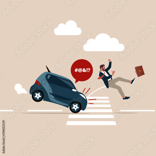 Road accidents safety and insurance. Businessman being hit by a car. Modern vector illustration in flat style