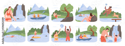 Water recreation set. Characters wild swimming in local reservoirs