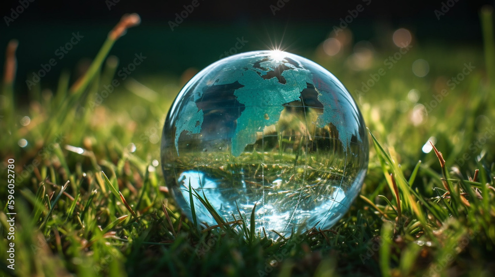 Glass Transparent Globe of Planet Earth on Grass - Green Energy and Climate Change Concept for the Environment - Generative AI