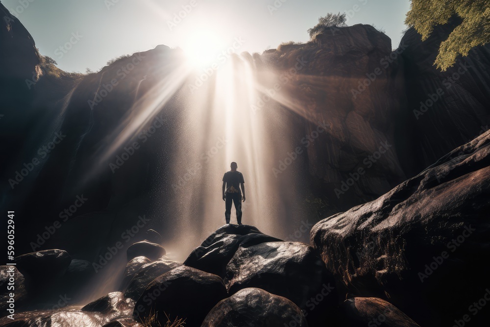 man reaching to the top of a waterfall Generative AI