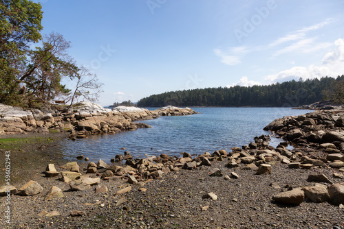 Rocky Shore on West Coast of Pacific Ocean in Nanoose Bay. Vancouver Island, British Columbia, Canada. Sunny Sky. Canadian Nature Background photo