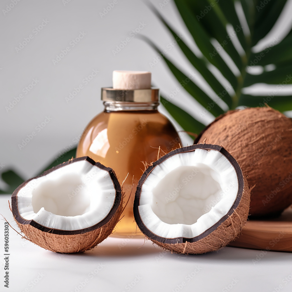 close up Coconut organic oil. Coconut oil in a wooden cup and coconuts fruits close-up with green palm leaf isolated close up Coconut organic oil. Coconut oil in a wooden cup and coconuts fruits close-up with green palm leaf isolated