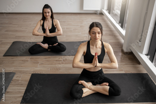 Beautiful adult women in activewear taking up lotus posture on mats in meditation room. Female yoga practitioners improving balance and flexibility while exercising Padmasana with anjali mudra.