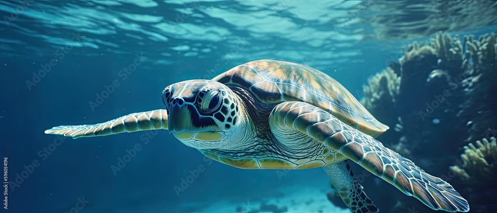 Fototapeta premium generative ai illustration of a turtle swimming underwater near a reef