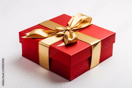 An empty golden gift box with red ribbon bow isolated on white background. Square cardboard box wrapped in luxury golden paper for holiday present. Generative AI © Rafaela