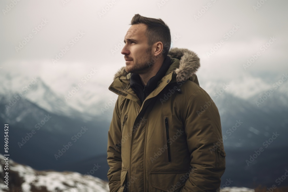 Handsome young man in warm jacket standing on top of mountain and looking away Handsome young man in warm jacket standing on top of mountain and looking away