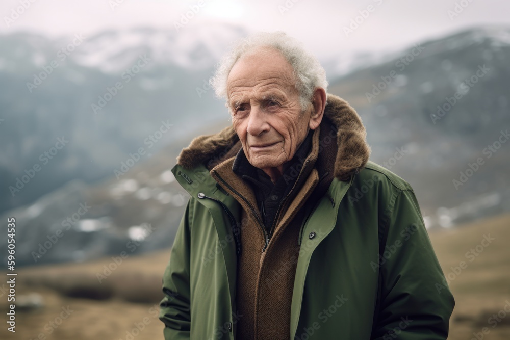 Portrait of a senior man in the mountains. Elderly pensioner in the mountains.