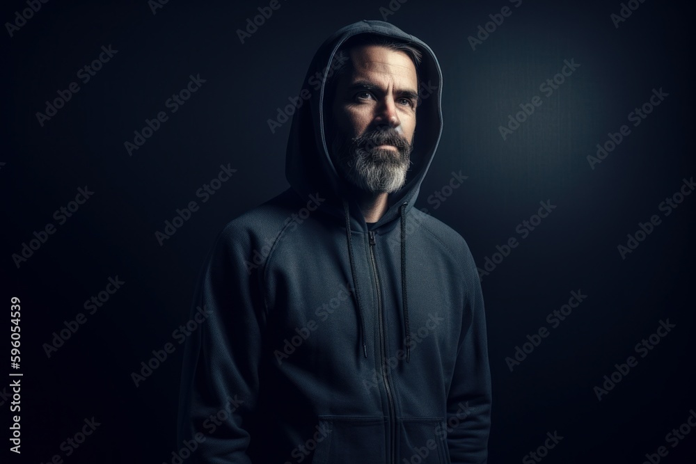 Full-length portrait photography of a pleased man in his 40s wearing a stylish hoodie against an abstract background. Generative AI