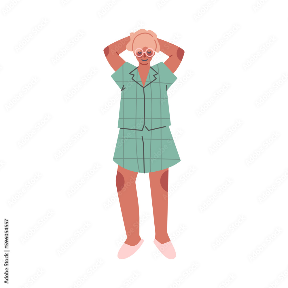 Beautiful woman in comfy pajamas standing with her hands behind her head. Girl in cozy home clothes standing cartoon vector illustration Beautiful woman in comfy pajamas standing with her hands behind her head. Girl in cozy home clothes standing cartoon vector illustration