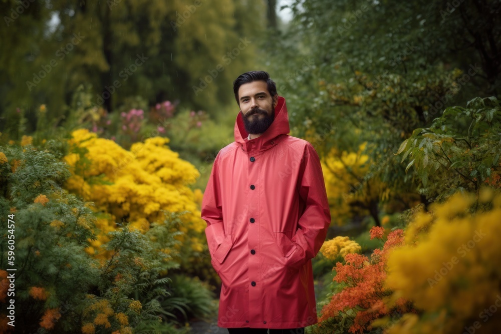 Handsome bearded man in red raincoat standing in autumn park Handsome bearded man in red raincoat standing in autumn park