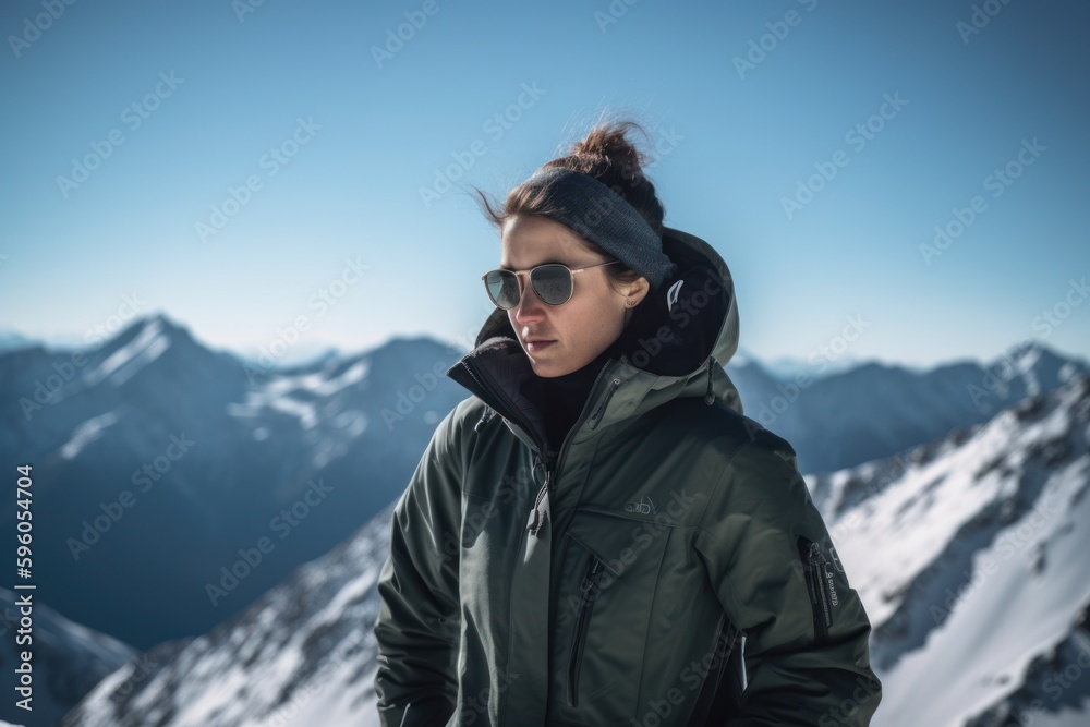 Beautiful woman hiker standing on top of a mountain and enjoying the view