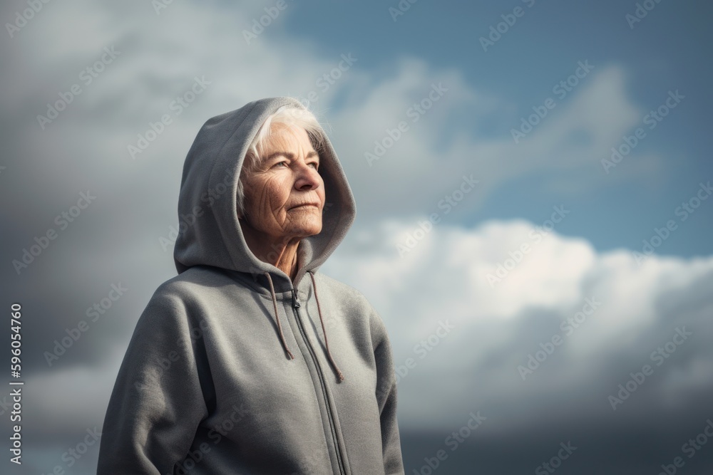 Portrait of a senior woman in hood against cloudy sky background. Portrait of a senior woman in hood against cloudy sky background.
