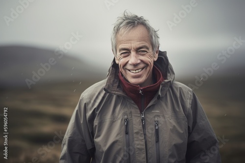 Portrait of a happy senior man with grey hair wearing a raincoat and smiling at the camera © Robert MEYNER