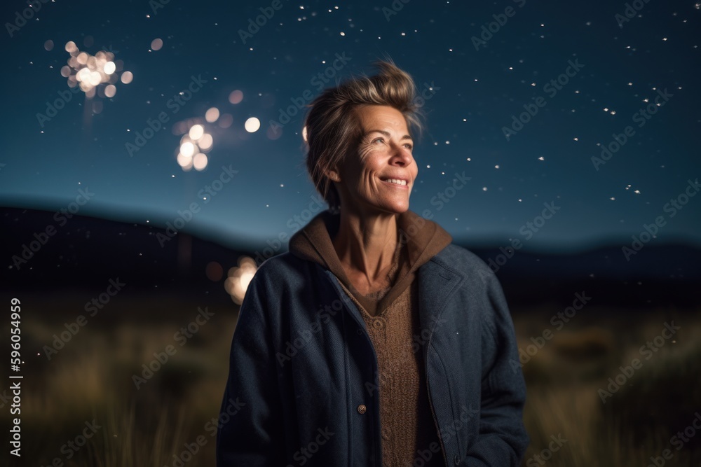 Full-length portrait photography of a cheerful woman in her 40s wearing a chic cardigan against a meteor shower or night sky background. Generative AI Full-length portrait photography of a cheerful woman in her 40s wearing a chic cardigan against a meteor shower or night sky background. Generative AI