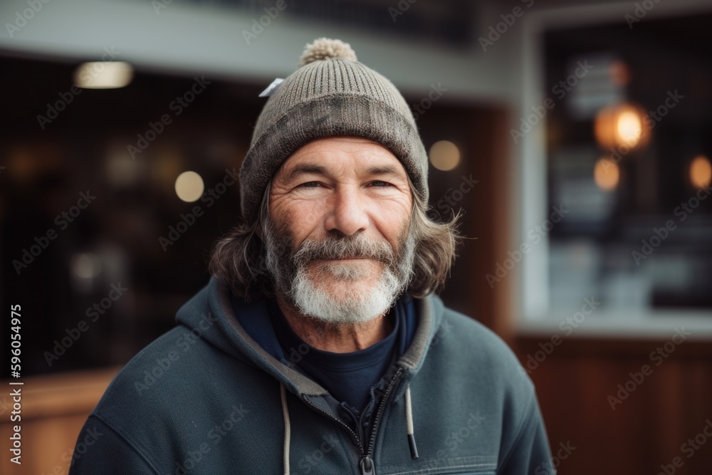 Portrait of senior man with grey beard wearing hat and jacket at cafe Portrait of senior man with grey beard wearing hat and jacket at cafe