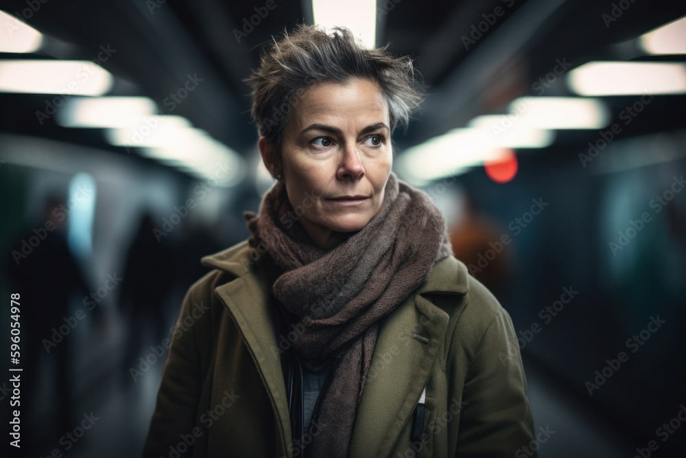 Portrait of a middle-aged woman with a scarf on her neck in the subway Portrait of a middle-aged woman with a scarf on her neck in the subway