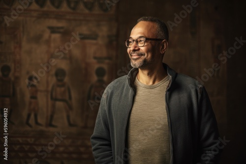Full-length portrait photography of a pleased man in his 40s wearing a cozy sweater against an ancient egyptian or hieroglyphics background. Generative AI