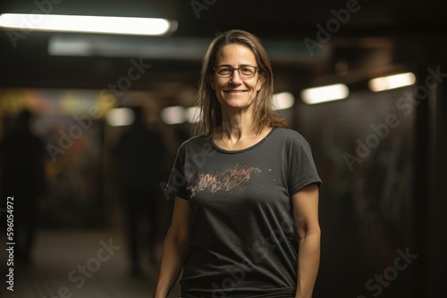 Portrait of a beautiful young woman in black T-shirt and glasses