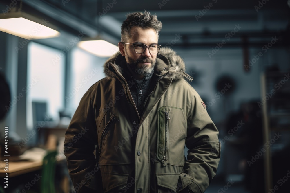 Portrait of a handsome bearded man in a winter jacket with glasses. Portrait of a handsome bearded man in a winter jacket with glasses.