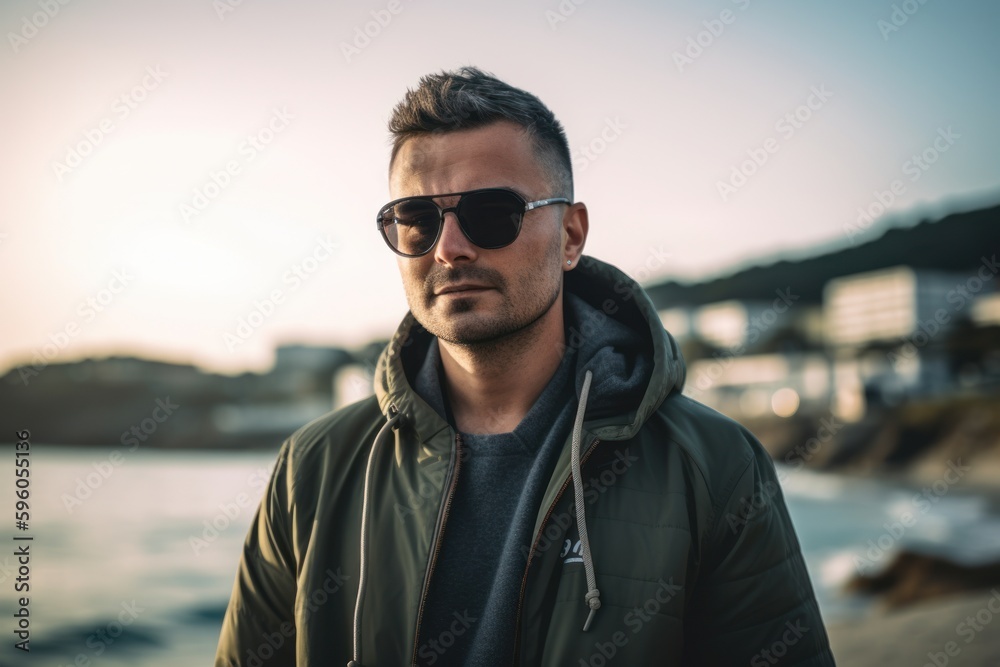 Handsome young man wearing sunglasses and jacket standing by the sea at sunset Handsome young man wearing sunglasses and jacket standing by the sea at sunset