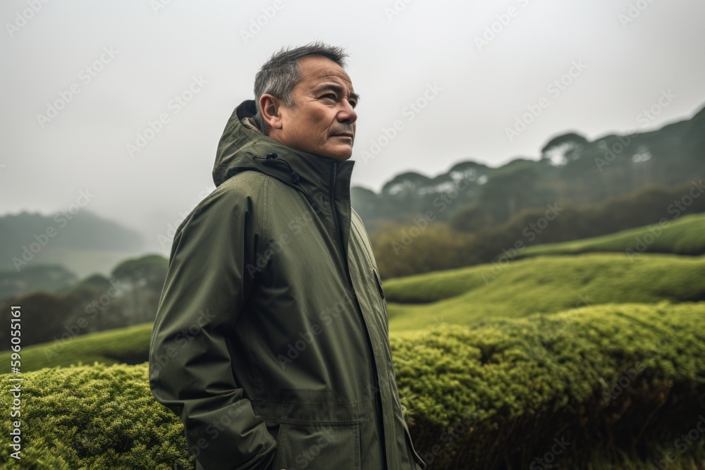 Asian man standing in tea plantation on a foggy day, travel concept Asian man standing in tea plantation on a foggy day, travel concept