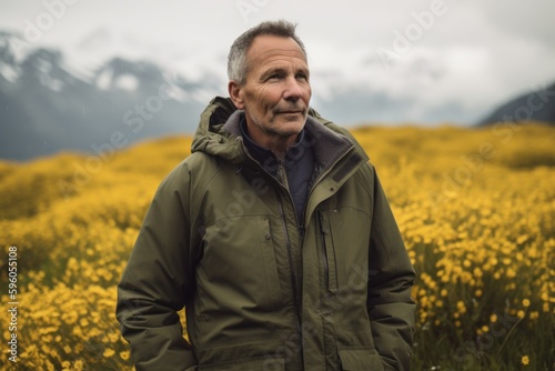 Portrait of a senior man standing in a field of yellow flowers