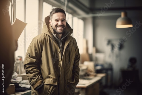 Portrait of a smiling male carpenter standing in his workshop. © Robert MEYNER