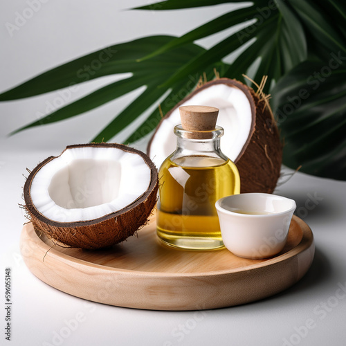 close up Coconut organic oil. Coconut oil in a wooden cup and coconuts fruits close-up with green palm leaf isolated 
