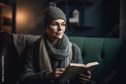 Portrait of mature woman in eyeglasses reading book while sitting on sofa at home