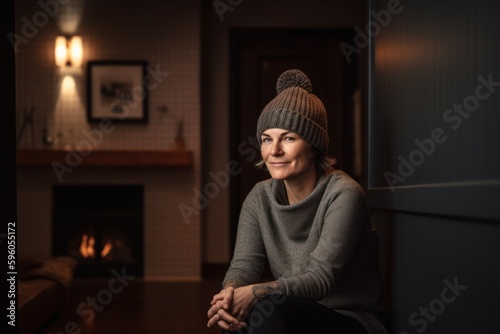 Portrait of a smiling middle-aged woman sitting by the fireplace at home.