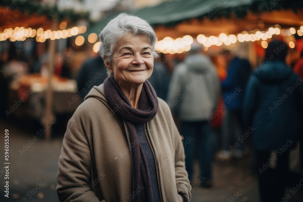 Portrait of a senior woman at Christmas market in Prague, Czech Republic