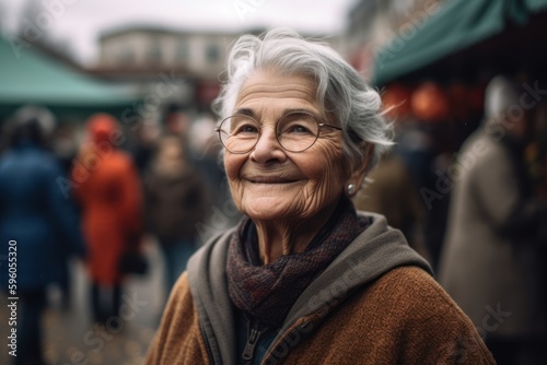 Portrait of an elderly woman in glasses on the background of the Christmas market