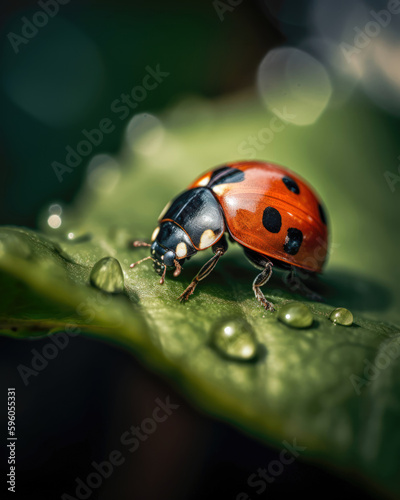 ladybug on green leaf with water drops. close up macro photo
