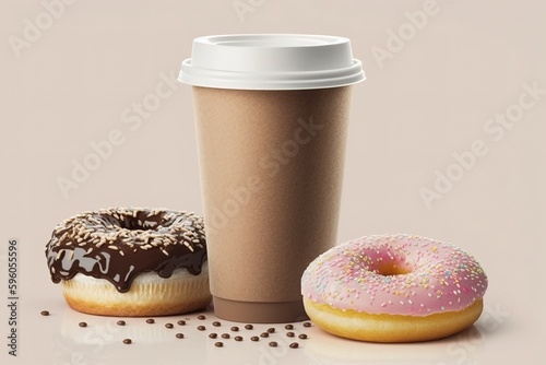Coffee and donuts. Delicious breakfast, Americano and sweets. White background.