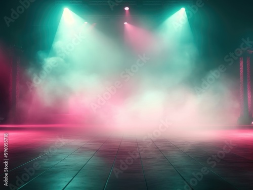 stage background with spotlight, green and pink color light generative ai