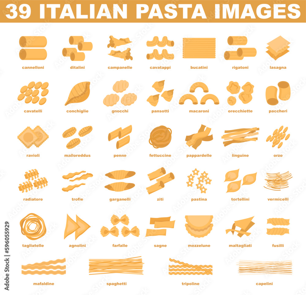 Italian pasta set. Simple traditional food of different shapes and names. Italian pasta set. Simple traditional food of different shapes and names.