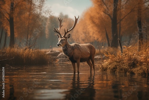 A deer near a private lake, digital art. Generative AI © Adelais