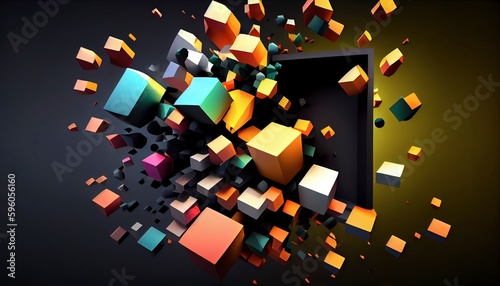 Dynamic 3D Geometric Cubes, Floating & Rotating, Visually Intriguing, Stylish Contemporary Abstract Background, Toon Shading, Flat Colors, Simplified Shapes, Bold Outlines. Generative AI