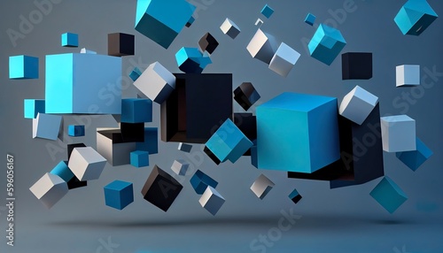 Dynamic 3D Geometric Cubes  Floating   Rotating  Visually Intriguing  Stylish Contemporary Abstract Background  Toon Shading  Flat Colors  Simplified Shapes  Bold Outlines. Generative AI
