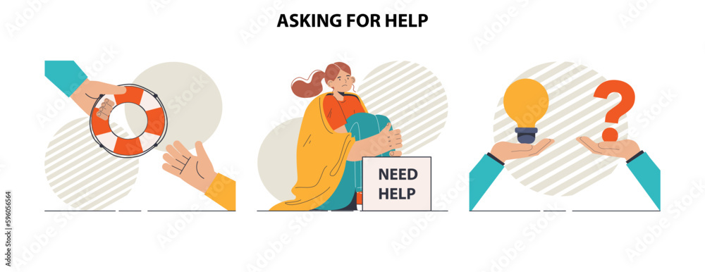 Asking for help concept set. Character seeking support from other